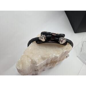 Brighton Black Braided Leather Bracelet Silver Tone Heart Scroll Charms Lobster